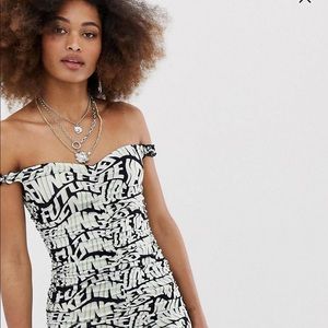 Collusion ASOS typo ruched off shoulder mini dress